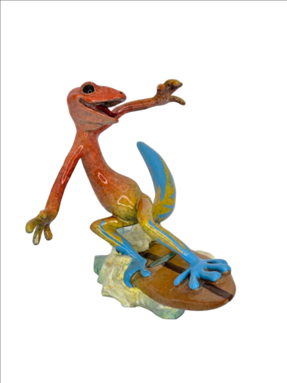 Kitty's Critters "Dude" Surfing Gecko Sculpture One Size Orange Blue